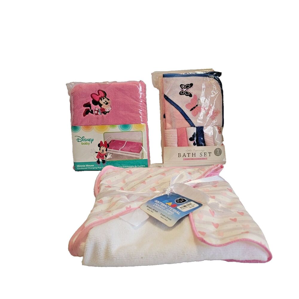 Bundle of 3 Baby Girl Items- Disney Mickey Mouse Changing Cover,  7pc Bath set